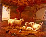 Sheep With Chickens And A Goat In A Barn by Eugene Verboeckhoven